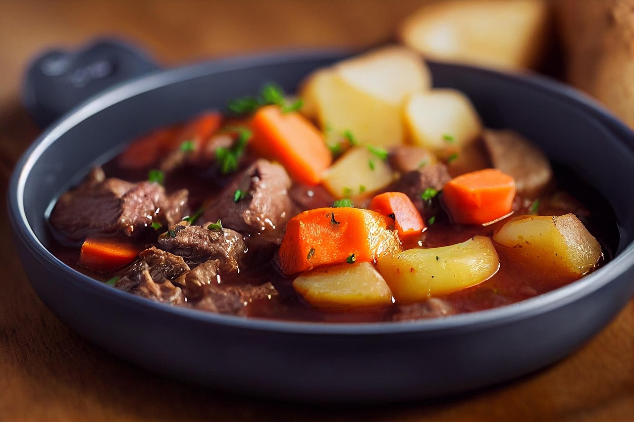 Home cooked stew in a blue bowl